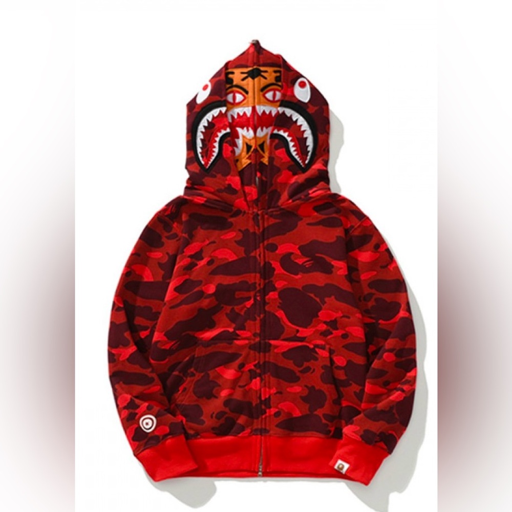 Bape RED Camo Double Hood Zip up Hoodie Jacket Bathing Ape LARGE